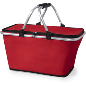 A red thermal picnic basket with silver handles and a zippered top, featuring a black trim and branding.