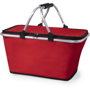 A red thermal picnic basket with silver handles and a zippered top, featuring an attached logo.