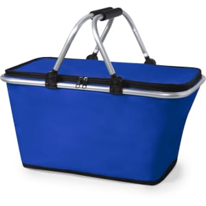 A blue thermal picnic basket with silver handles and a zip closure. It has a sturdy design and features a logo.
