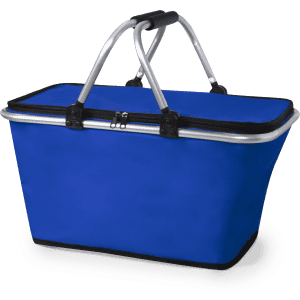 A blue thermal picnic basket with silver handles and a zippered top, featuring a logo on the side.