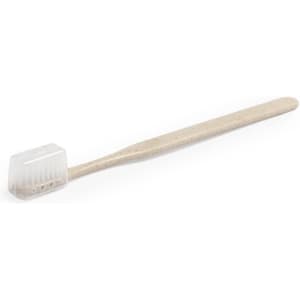 A toothbrush with a bamboo handle and a clear plastic head, featuring soft bristles, displayed on a white background.