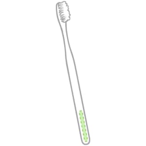 A toothbrush with a white head and a green handle, featuring a logo on its side.