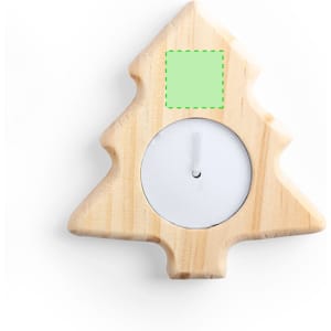 A wooden candle holder shaped like a Christmas tree, featuring a white candle in the centre.