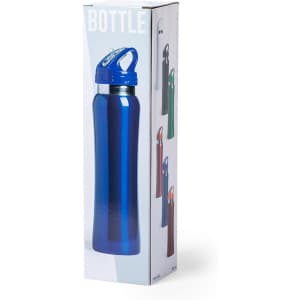 A drink bottle in blue, presented in packaging featuring multiple colour options. The bottle has a flip-top lid and a logo.