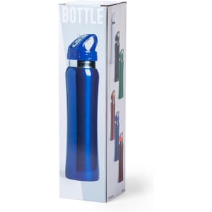 A drink bottle in a blue shade, featuring a flip-top lid and a logo, displayed in packaging with other colour options.