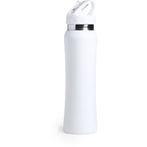 A drink bottle in white with a sleek design and a silver accent, featuring a secure lid and a branded logo.