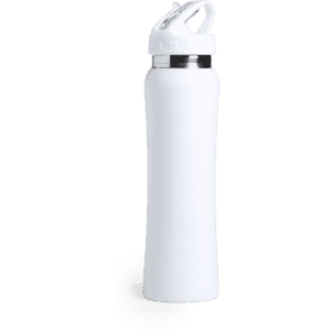 A drink bottle in white with a metallic silver cap and a convenient handle, featuring a logo.