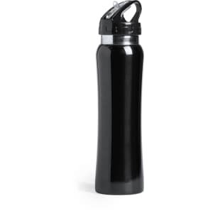 A drink bottle in a sleek black finish with a secure flip-top lid and a logo on the cap.