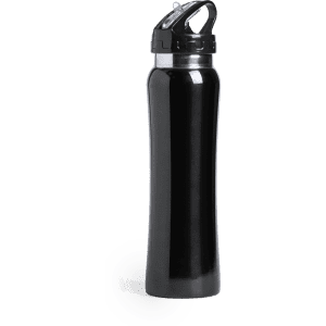 A drink bottle in sleek black with a removable cap and a sturdy design, featuring a logo.