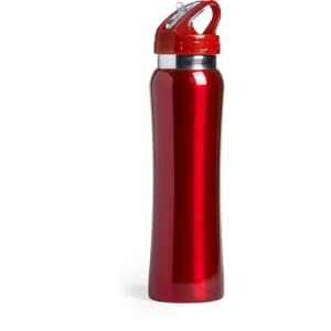 A drink bottle in shiny red with a red lid and built-in handle, featuring a logo.