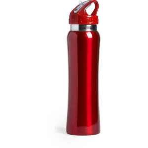 A drink bottle in a sleek red design with a silver cap and a built-in handle. It features a logo.