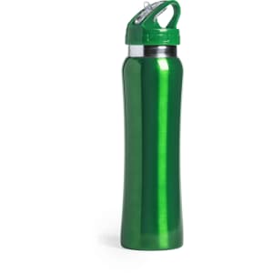 A drink bottle with a shiny green finish and a green lid, featuring a logo on the body.