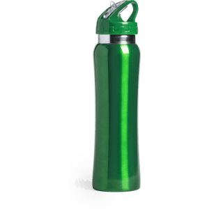 A drink bottle in shiny green metal with a silver cap and a built-in handle, featuring a logo.