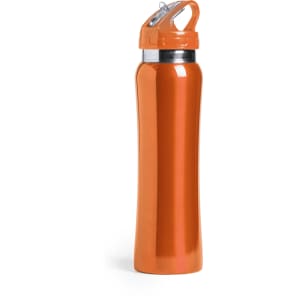 A drink bottle in a vibrant orange colour with a sleek design and a top handle. It features a logo.