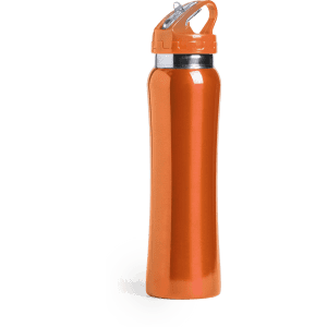 A drink bottle in bright orange with a secure cap and a sleek, modern design. It features a logo.