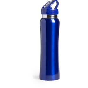 A drink bottle in a shiny blue finish with a flip-top lid and a built-in handle. It features a logo.