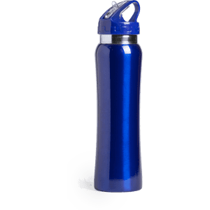 A drink bottle in a glossy royal blue finish, featuring a handle and a logo.