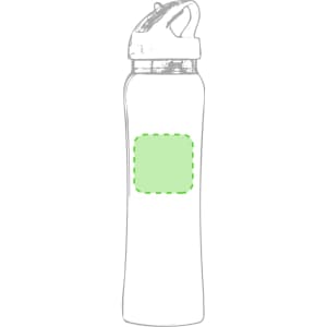 A drink bottle in a sleek design, featuring a green section for branding, with a white body and a flip-top lid.