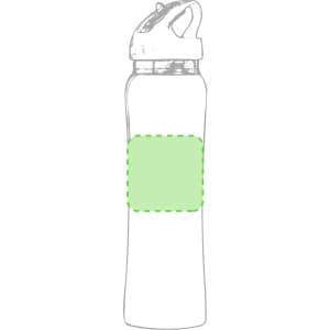 A drink bottle in transparent design with a green highlight area and a black cap. Features a branded logo.