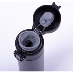 A drink bottle with a sleek black exterior and a grey flip-top lid, featuring a logo on the side.