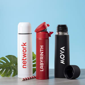 A drink bottle collection featuring a white, red, and black vacuum flask, each with a logo and different designs.