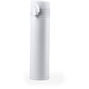 A drink bottle with a sleek, white design and a flip-top lid. It features a branding logo.