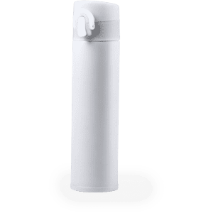 A drink bottle, slim and white, with a flip-top lid and a branding logo.