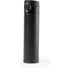 A drink bottle featuring a sleek black design with a secure lid and a branding logo.