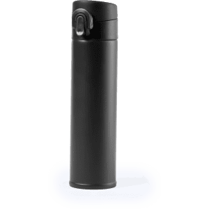 A drink bottle in matte black with a flip-top lid and a logo on the body.