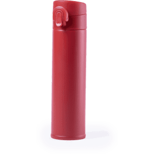A drink bottle in a sleek red finish with a secure lid and a branding logo. Ideal for beverages.