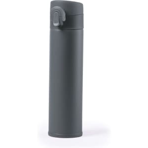 A drink bottle with a sleek, matte grey finish and a push-button lid, featuring a branding logo.
