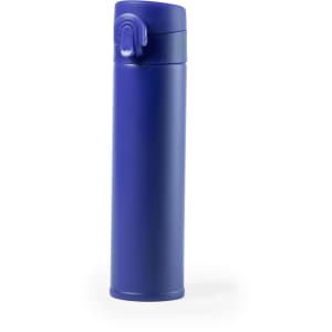 A drink bottle with a sleek design in vibrant blue, featuring a secure lid and a logo.