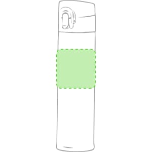 A drink bottle with a sleek design, featuring a green section and a lid, highlighted by a logo.