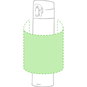 A drink bottle featuring a sleek design with a lid and a green sleeve for grip. It includes branding elements.