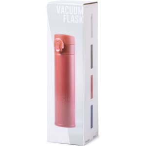 A drink bottle in a red colour, packaged in a slim box with a logo, labelled as a vacuum flask.