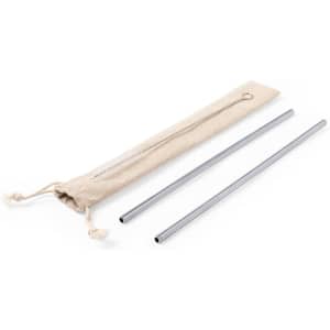 A set of stainless steel drinking straws in a natural fabric pouch. The straws are silver and shiny.