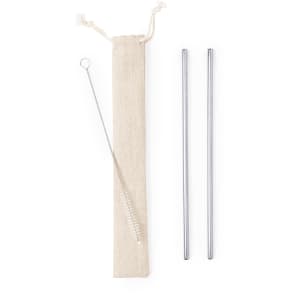A set of stainless steel drinking straws, accompanied by a cleaning brush and a canvas pouch for storage.