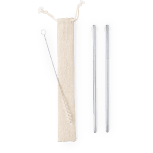 A set of two silver drinking straws and a cleaning brush, packaged in a natural fabric pouch.