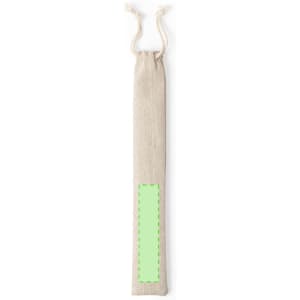 A drink straw set in a beige fabric pouch with a logo. The pouch is cinched at the top with drawstrings.