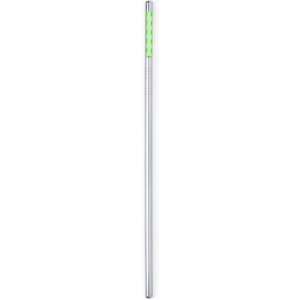 A drinking straw featuring a silver finish with a green patterned grip at the top.