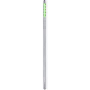 A drinking straw in silver with a green dotted grip, featuring a sleek, straight design and a branding logo.