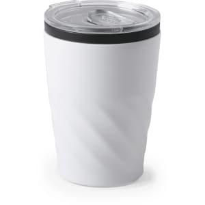 A drink bottle with a textured white exterior and a black lid, featuring a logo on the body.