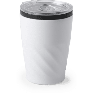 A white insulated travel mug with a clear lid, featuring a curved design and a black accent on top.