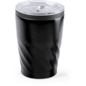 A drink bottle in matte black finish with a clear lid, featuring a curved design and a logo.