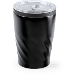 A black insulated travel mug with a clear lid and a textured design, featuring a logo.