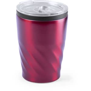 A drink bottle in a glossy red finish with a twisted design and a transparent lid. It features a logo.