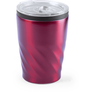 A drink bottle featuring a red twisted design, with a clear lid and a black rim, showcasing its insulated feature.