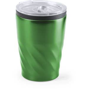 A green insulated travel mug with a spiral design and a clear lid, featuring a logo on the side.