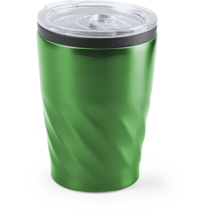 A green insulated travel mug with a textured design and a clear lid. It features a logo.