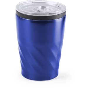 A drink bottle with a twisted blue design and a clear lid, featuring a logo on the side.